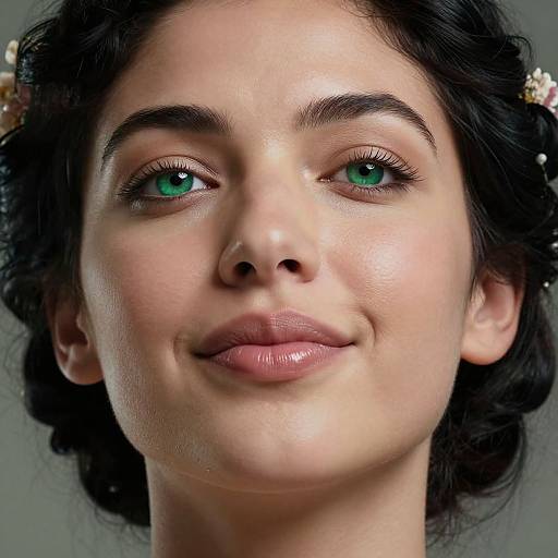Close-up photograph of a young woman with fair skin, green eyes, and curly dark hair, smiling subtly against a neutral background.