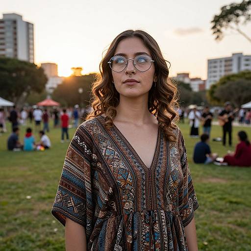 Photograph of a woman with curly brown hair, wearing round glasses and a patterned V-neck dress, standing in a park at sunset, with people
