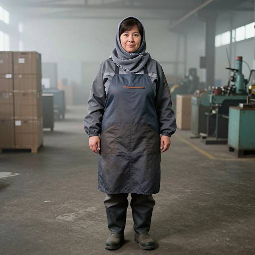 Photograph of a middle-aged Asian woman in a dark blue work apron, hood up, standing in a foggy industrial warehouse with boxes and machinery