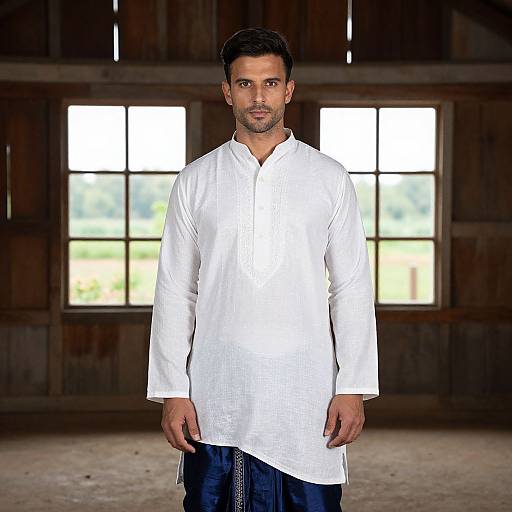 Photograph of a handsome, bearded man with short dark hair, wearing a white long-sleeve traditional shirt and dark pants, standing in a