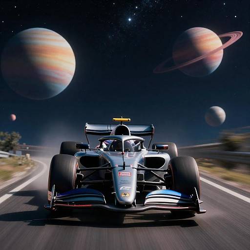 Racing Car on Road with Colorful Planets in Night Sky