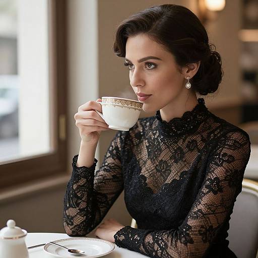 Photograph of a poised, dark-haired woman in a black lace dress, sipping tea, seated in a softly lit, elegant café.
