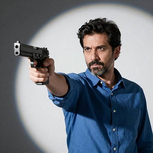 Man pointing handgun with focused expression