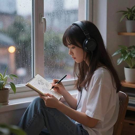Photograph of a young woman with long dark hair, wearing headphones and a white t-shirt, sketching in a sunlit window seat. Raindrops