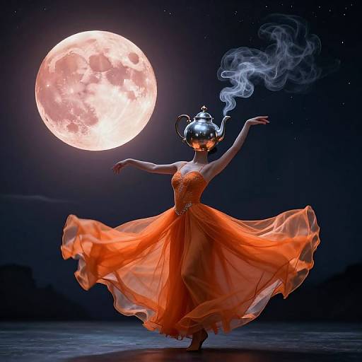 Photograph of a dancer in an orange, flowing dress, wearing a steaming teapot on her head, against a full moonlit night sky.