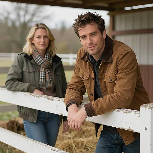 Smiling man and woman at rustic farm fence
