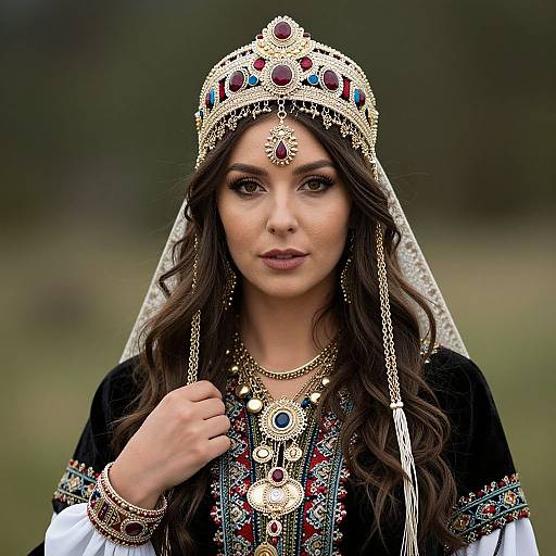 Photograph of a Middle Eastern woman with long dark hair, wearing an elaborate gold and red jeweled crown, veil, and ornate black embroidered dress