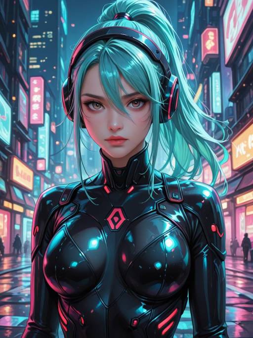 Cyberpunk Girl in Neon City Lights