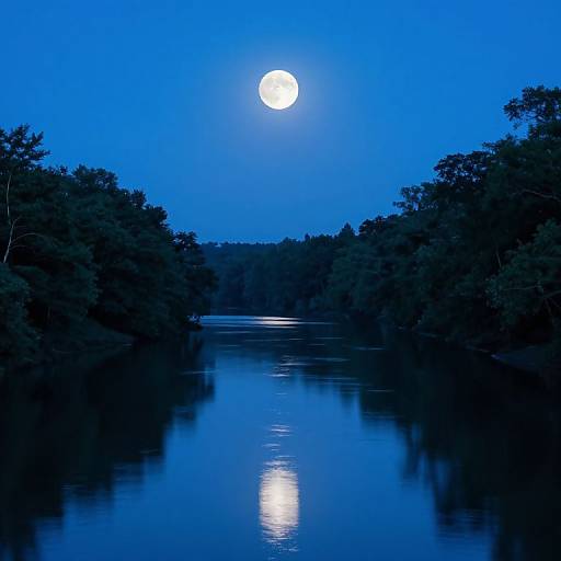 Photograph of a tranquil river at night, reflecting a bright full moon in a deep blue sky, framed by dense, dark forest on both sides.