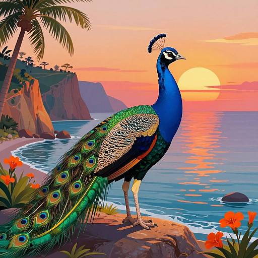 Vibrant digital illustration of a peacock with iridescent feathers standing on a rocky cliff by a tropical beach at sunset, with palm trees,