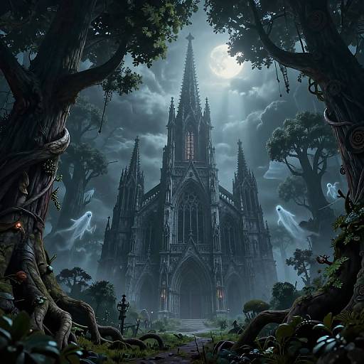 Digital fantasy artwork of a gothic cathedral illuminated by moonlight, surrounded by twisted trees, eerie mist, and glowing blue spirits.