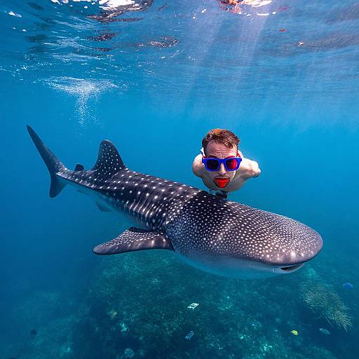 Photograph of a scuba diver with blue goggles and short brown hair swimming beside a large, spotted whale shark in clear, blue underwater ocean.