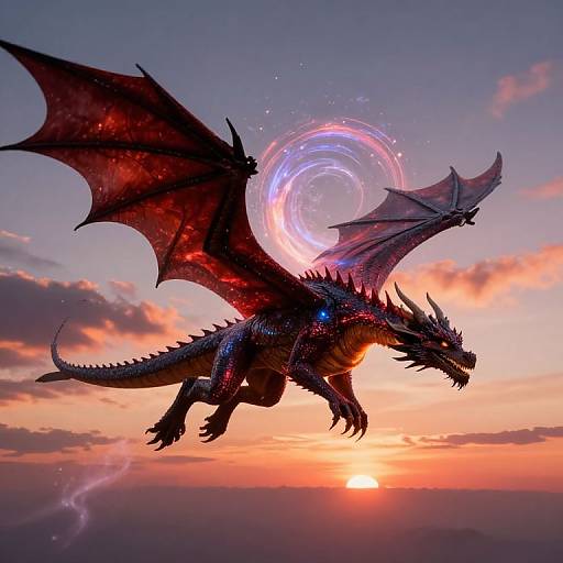 Digital illustration of a dark, red-scaled dragon with glowing blue eyes and large wings, flying against a vibrant sunset sky with a glowing, circular aura