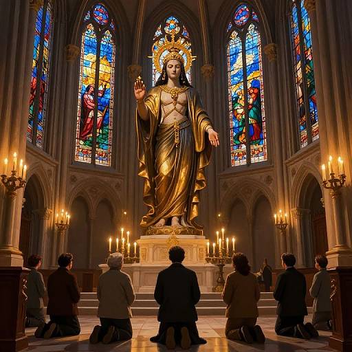 Photograph of a grand cathedral with a golden statue of the Virgin Mary, surrounded by kneeling worshippers, vibrant stained glass windows, and lit candles.