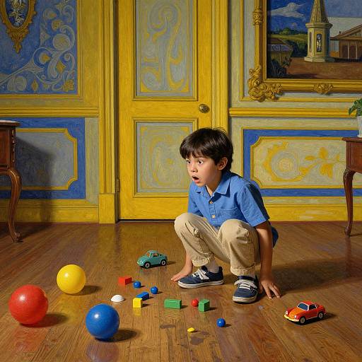 Photograph of a young boy with brown hair, wearing a blue shirt and beige pants, crouching on wooden floor in ornate yellow and blue