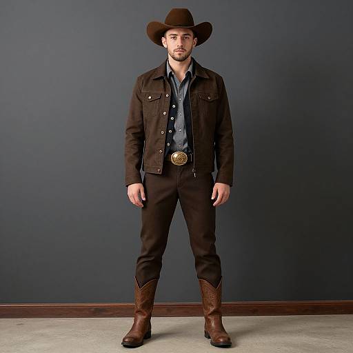 Photograph of a bearded man in a brown cowboy hat, black denim jacket, blue shirt, brown pants, and brown boots, standing against a