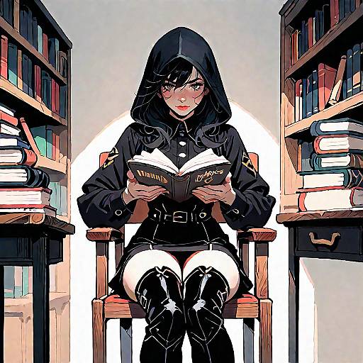 Messy-Haired Girl in Black Uniform Reading