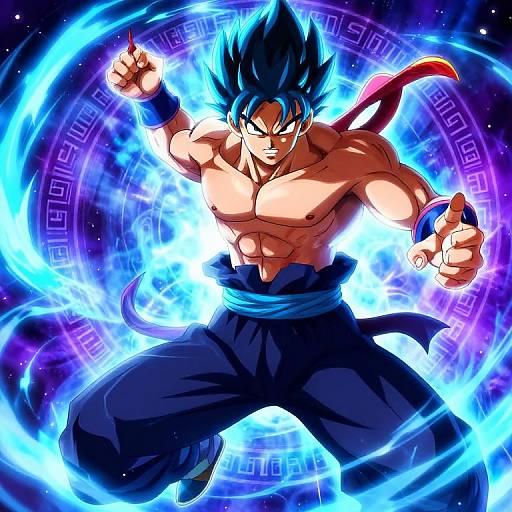 Digital art of muscular, blue-haired Goku in mid-attack, glowing blue aura, black pants, red sash, intense expression, cosmic background.