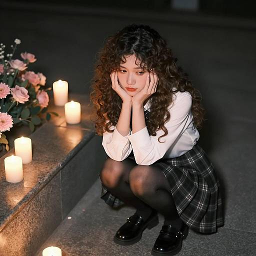 Sad Young Woman in Nighttime Reflection