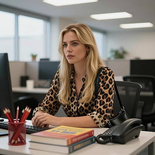 Blonde woman working at office desk