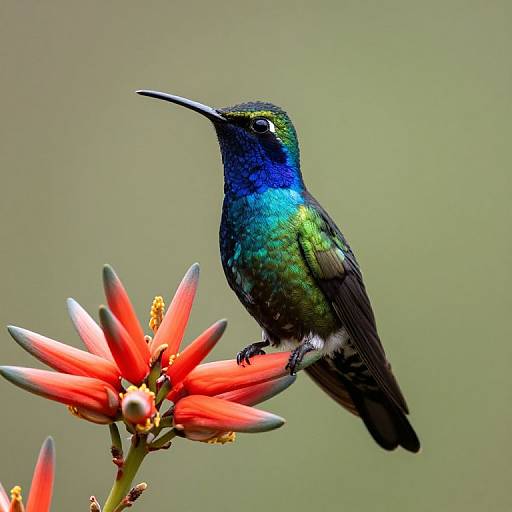 Photograph of a vibrant, iridescent hummingbird with green, blue, and black feathers perched on a bright red, star-shaped flower against