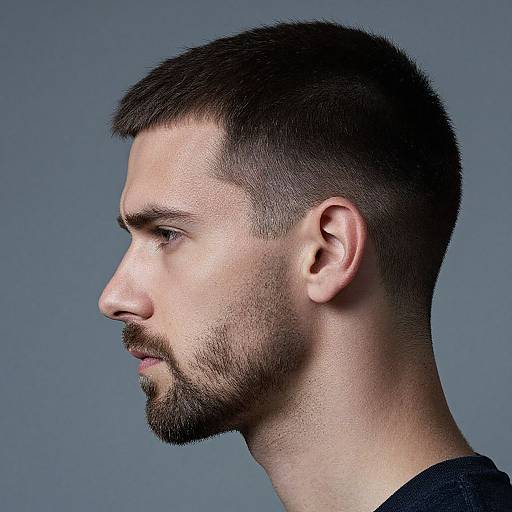 Photograph of a white man with short, dark brown hair, trimmed beard, and side profile against a solid gray background.