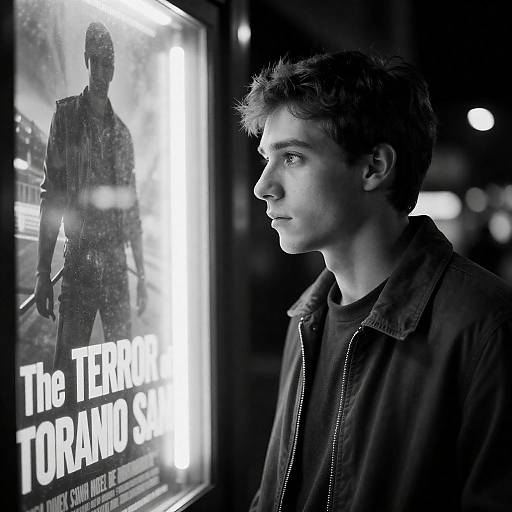 Nighttime Urban Scene with Movie Poster