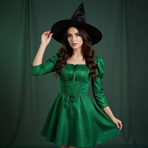 Photograph of a young woman with long dark hair, wearing a green dress and black witch hat, standing against a dark green backdrop. She holds the