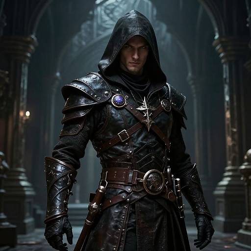 Photorealistic digital artwork of a muscular, hooded warrior in dark, ornate armor with star and circular medallions, standing in a dim