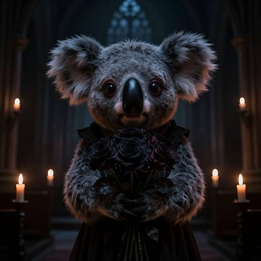 Photorealistic digital art of a cute, anthropomorphic koala in a gothic church, holding rose bouquet, surrounded by glowing candles.