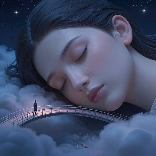 Digital artwork: Close-up of a serene, sleeping woman with fair skin and dark hair, surrounded by clouds. A tiny person stands on a bridge above