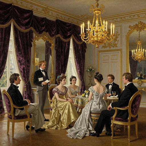 Elegant 19th-century painting of six aristocrats in opulent room with gold chandeliers, purple drapes, and ornate furniture;