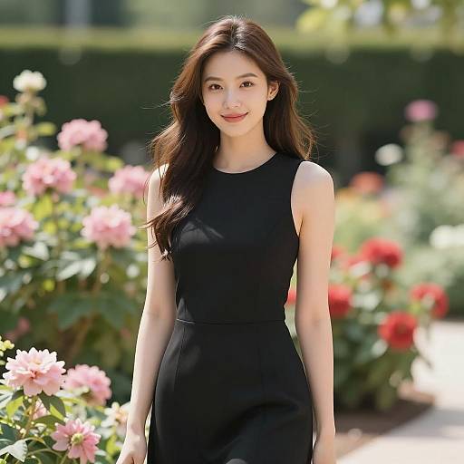 Young Woman in Black Dress in Garden