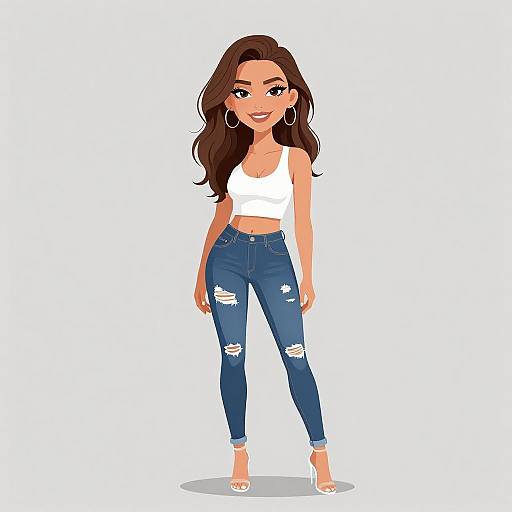 Digital illustration of a smiling woman with long brown hair, wearing a white crop top, ripped blue jeans, and white high heels. She has hoop earrings