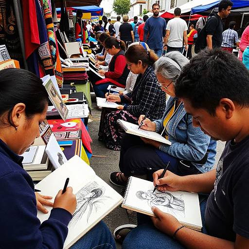 Photograph of a bustling outdoor market with diverse artists, primarily Asian, sketching on white paper, surrounded by colorful stalls and people.
