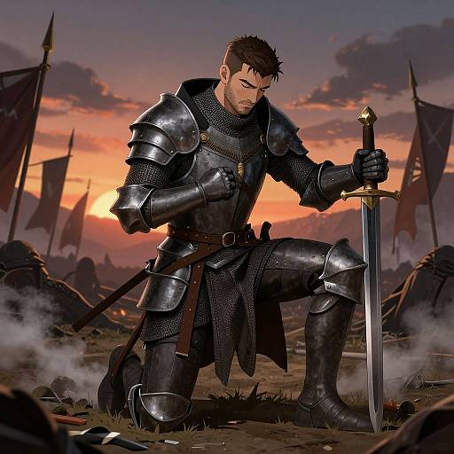 Digital artwork of a muscular, bearded knight in black armor kneeling on a battlefield at sunset, gripping a sword with a determined expression, surrounded by flags