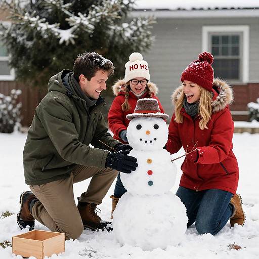Joyful Family Building a Snowman