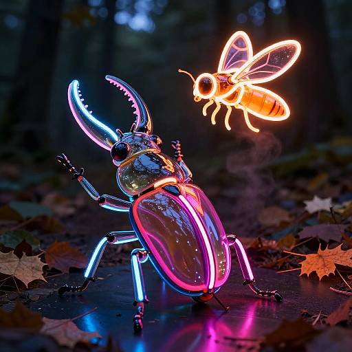 Glow-in-the-dark beetle and neon-lit bee in a dark forest, surrounded by fallen leaves; vibrant blue, pink, and orange lights.