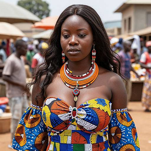 Photograph of a Black woman with long wavy hair, wearing a colorful, patterned off-shoulder dress and vibrant orange bead jewelry, standing