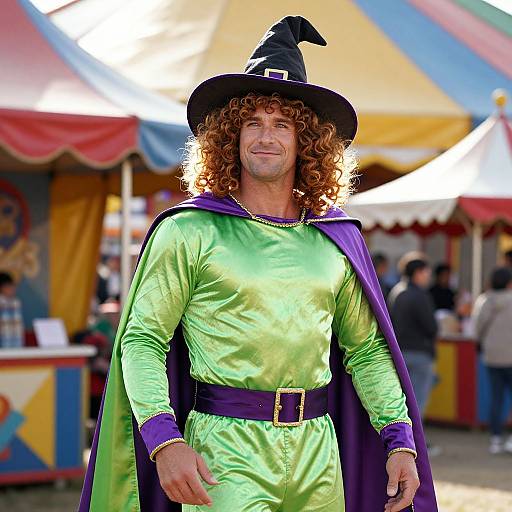 Photograph of a smiling man with curly red hair, wearing a green wizard costume, purple cape, and black witch hat, at a colorful carnival fair