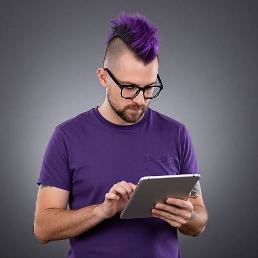 Purple Mohawk Man with Tablet