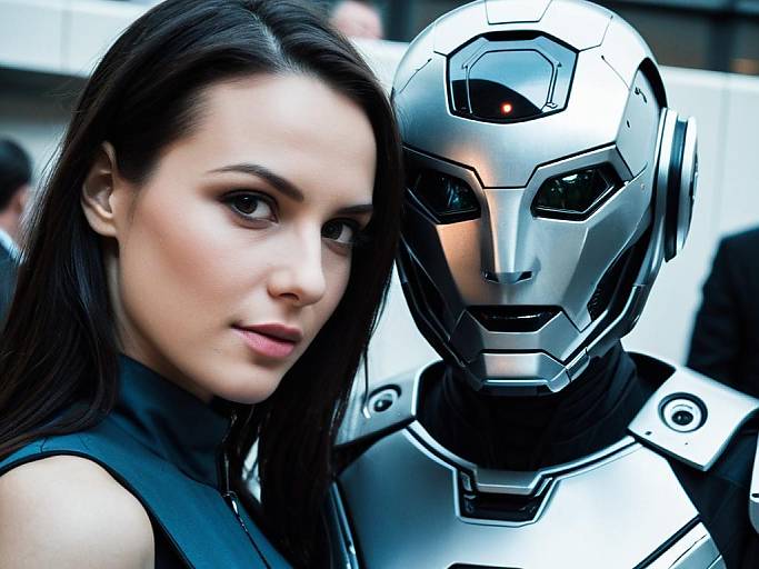 Photograph of a fair-skinned woman with long black hair beside a silver Iron Man suit with black accents, both facing the camera. Background is blurred