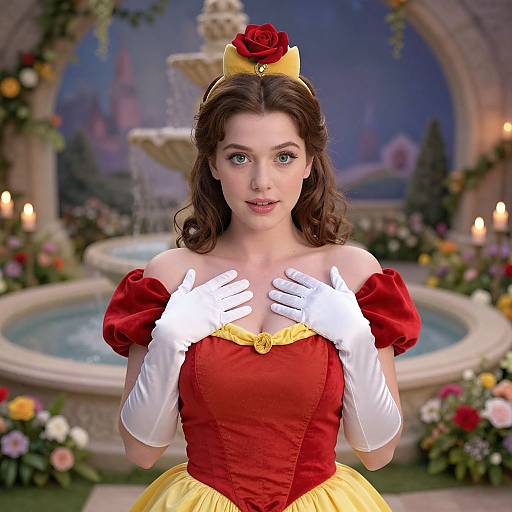 Digital artwork of a young woman with fair skin and brown hair, dressed as Snow White, standing in front of a fountain with a castle backdrop, wearing