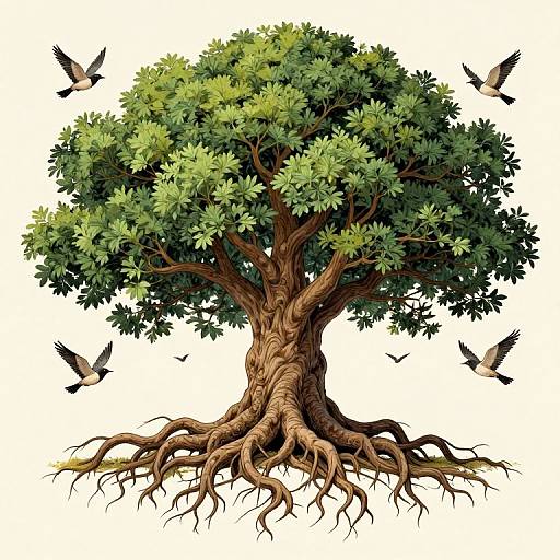 Illustration of a large, leafy tree with intricate, twisting roots, surrounded by five birds in flight, set against a white background.