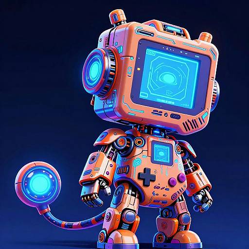 Vibrant, digital CGI image of a cute, orange, retro-style robot with glowing blue screens, cylindrical ears, and a tail, standing against