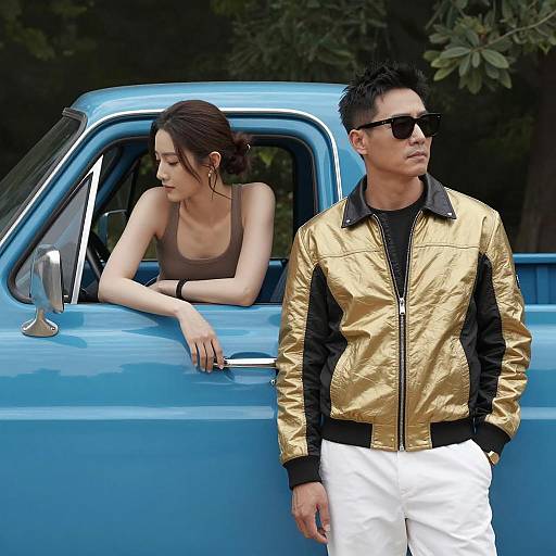 Man and Woman by Vintage Blue Pickup Truck