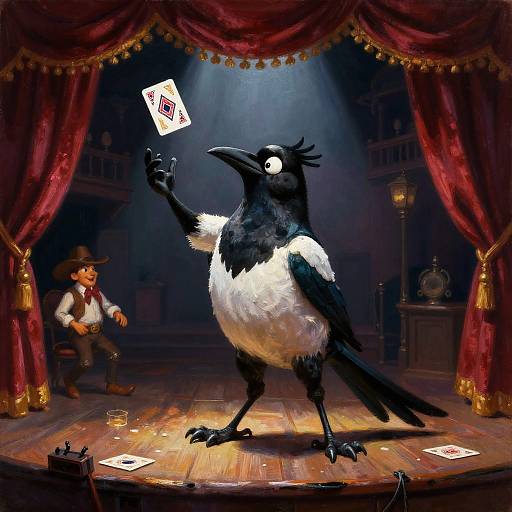 Anthropomorphic Magpie Magician on Stage