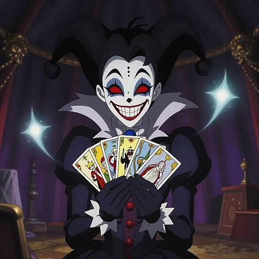 Digital illustration of a grinning, white-faced jester with black hair and red eyes, holding a fan of playing cards in a dimly lit,