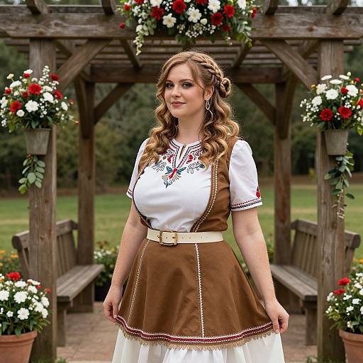 Photograph of a fair-skinned, curly-haired woman in a white blouse with red embroidery and brown apron dress, standing in a wooden gazebo