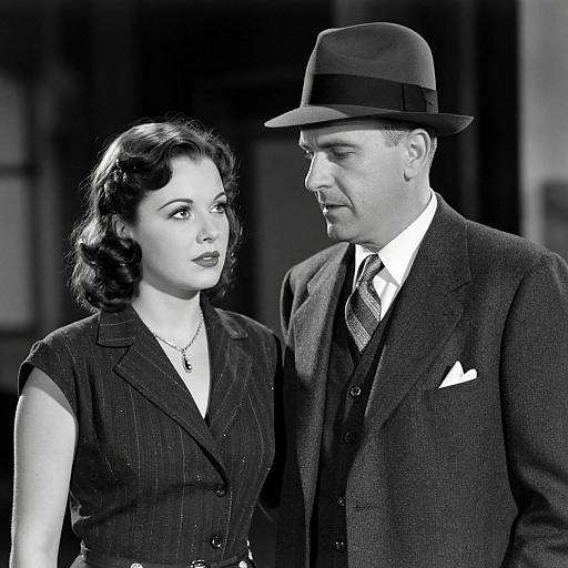 Black-and-white photograph of a 1940s couple: a woman with wavy dark hair in a pinstripe dress, and a man in